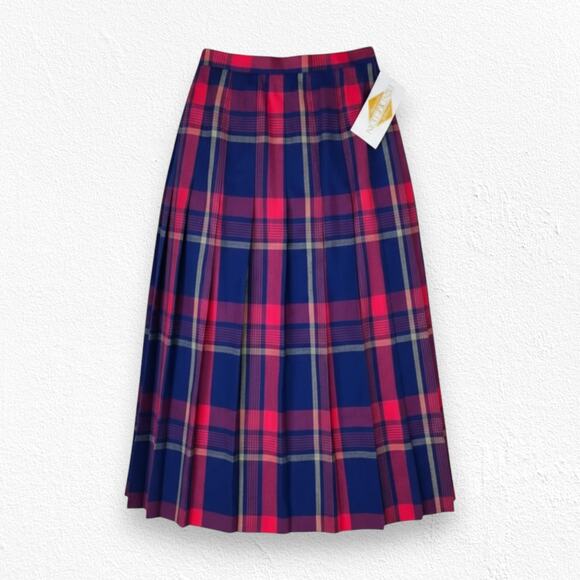 Vintage 70s Pendleton Red Blue Tartan Plaid Wool Midi Pleated Skirt Size 16 NWT - Picture 1 of 8